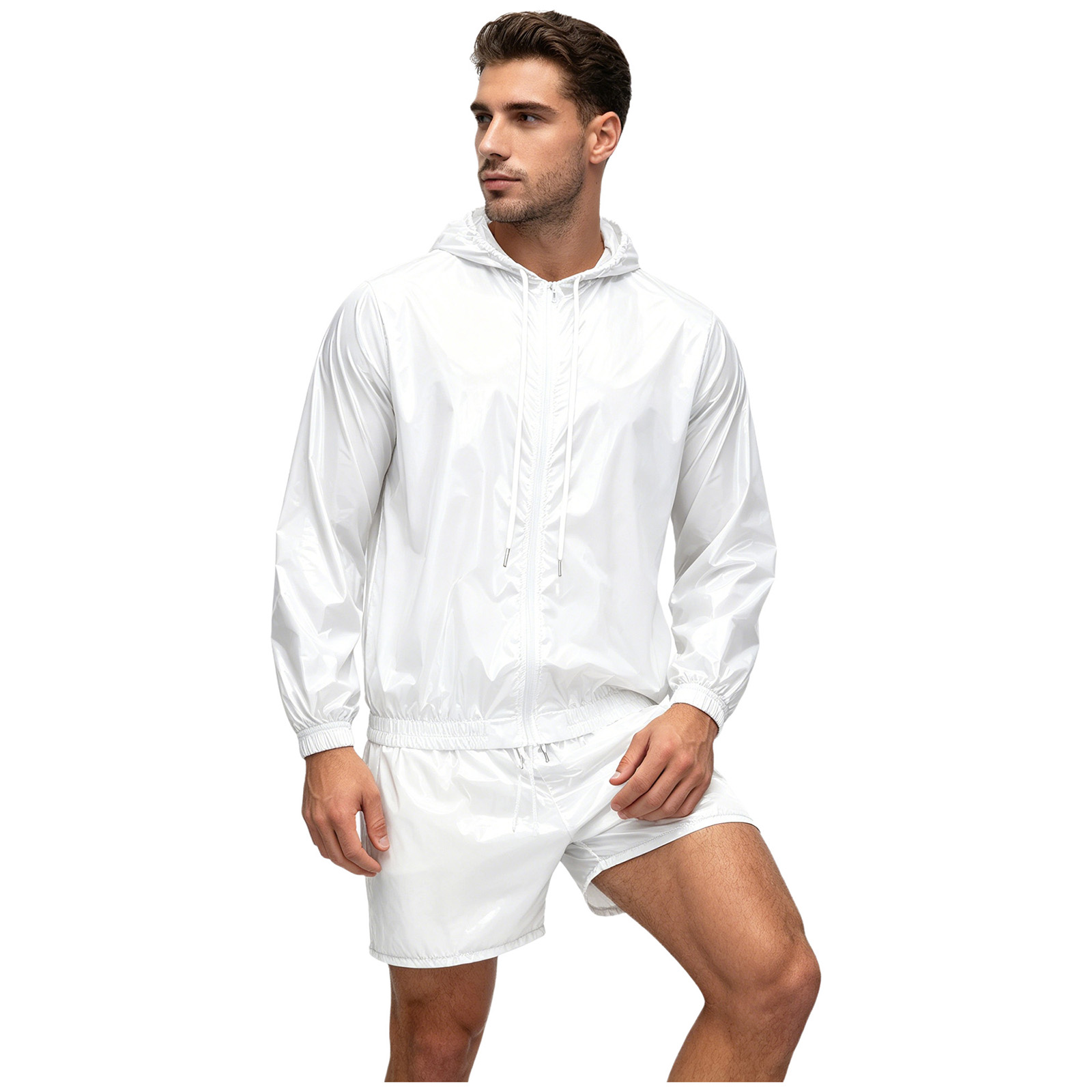 Outdoor Sports Outfit - ชุดกีฬาชายแบบกันน้ำ ชุดว่ายน้ำ เสื้อแจ็คเก็ตมีฮู้ด กันลม และกางเกงบ็อกเซอร์ ชุดออกกำลังกายสำหรับเล่นกีฬาทางน้ำในทะเล