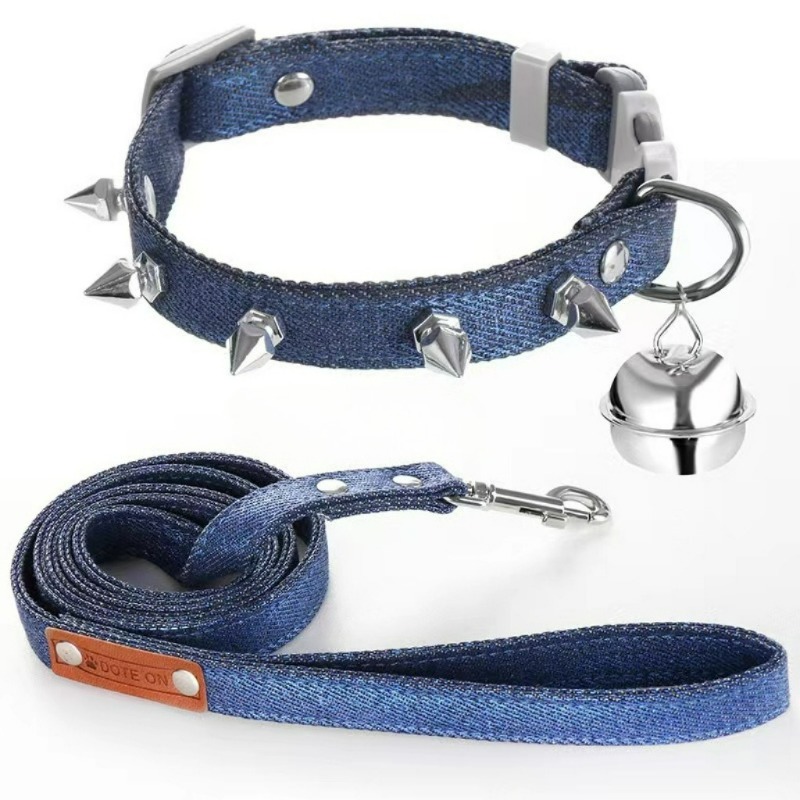 Headcollar Rope Set - ชุดปลอกคอและสายจูงสุนัขแบบเดนิมกันกัด Rivet Pet พร้อมปุ่มหมุด ตกแต่งคอแมวและสุนัขขนาดเล็ก