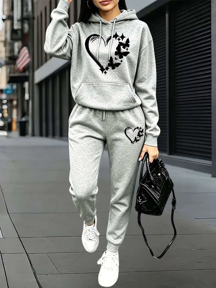 Outdoor Sports Outfit - ชุดวอร์มแฟชั่นใหม่ปี 2026 เสื้อฮู้ดและกางเกงขายาวสำหรับผู้หญิง ชุดลำลองสำหรับฤดูใบไม้ร่วงและฤดูหนาว ชุดออกกำลังกายแบบสวมใส่สบายๆ สำหรับวิ่งจ๊อกกิ้งกลางแจ้ง