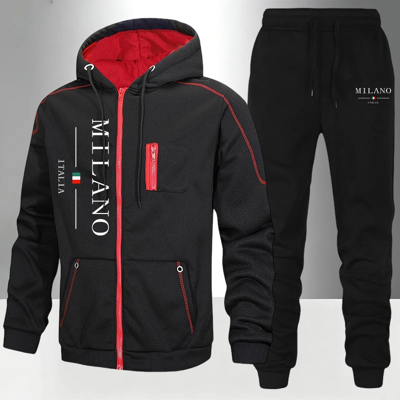 Outdoor Sports Outfit - ชุดแฟชั่นผู้ชายสไตล์อิตาลี/เสื้อโค้ท/กางเกงขายาว สำหรับฤดูใบไม้ร่วงและฤดูหนาว ชุดลำลองสำหรับใส่ทุกวัน ชุดกีฬาแบบมีซิป ชุดวอร์มสำหรับขี่มอเตอร์ไซค์กลางแจ้ง เสื้อฮู้ดกันหนาว